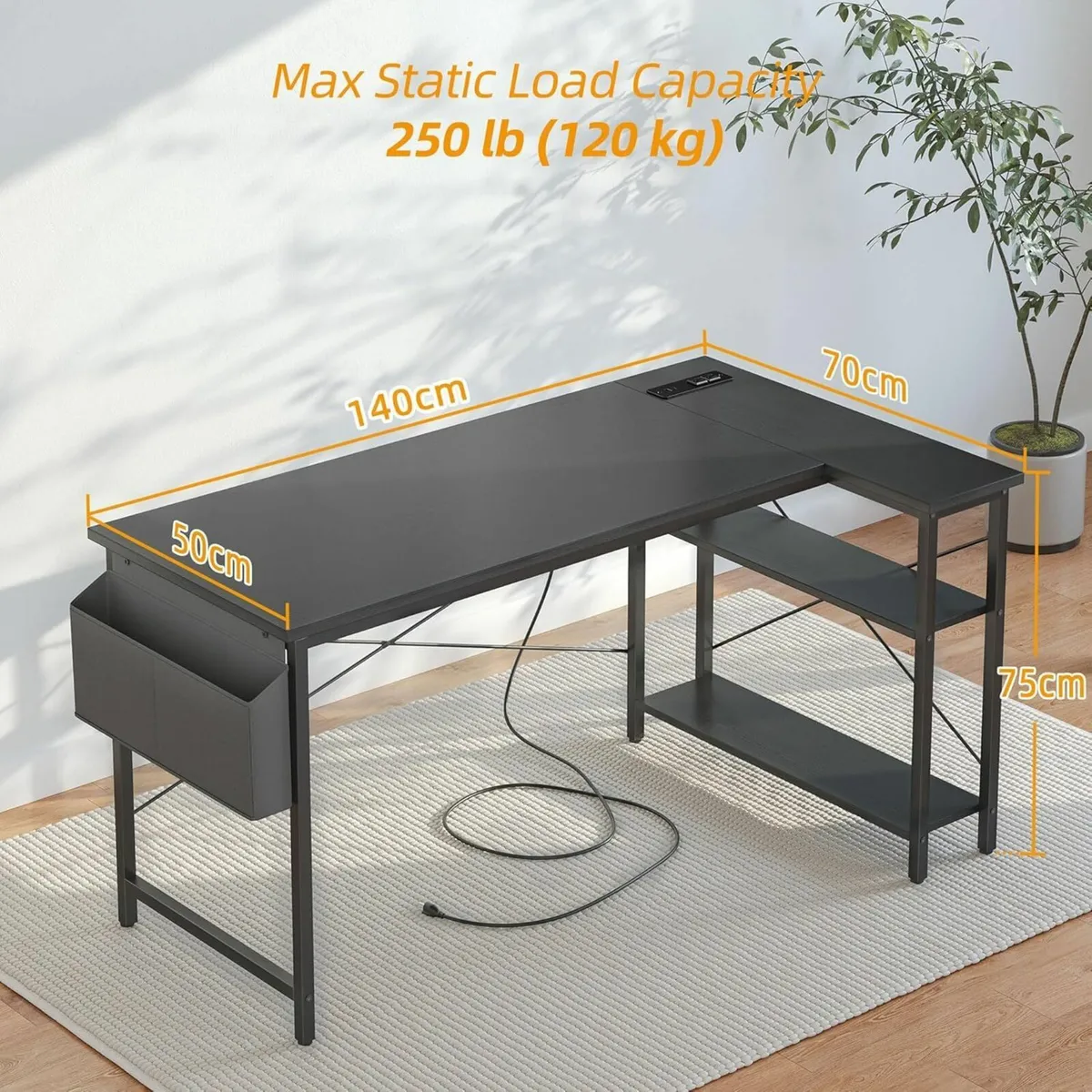 Small L Shaped Desk with Power Outlets - 140x70cm - Image 3