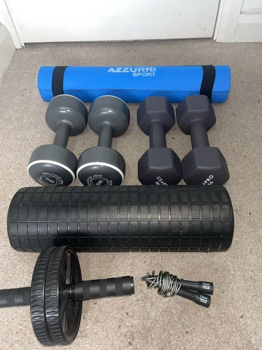 Home Exercise Equipment (Dumbbells, Ab wheel, Foam Roller, Rope, Mat) - Image 2