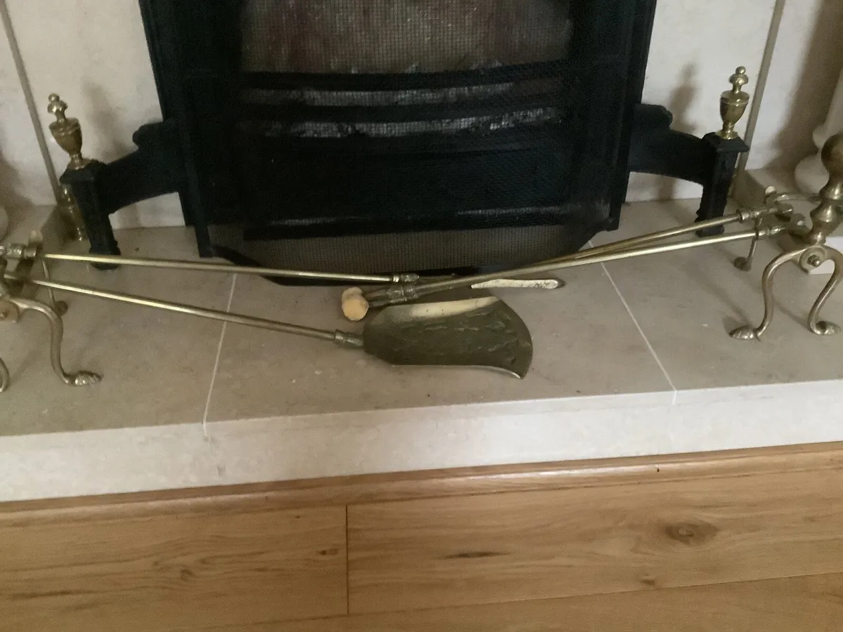 Brass fire dog and irons. Remove ad - Image 1