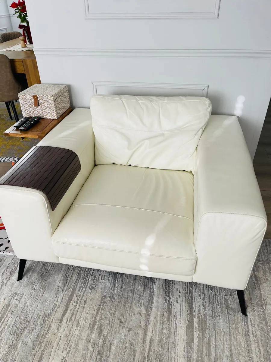 Cream Leather L Couch with Single Seater - Image 2