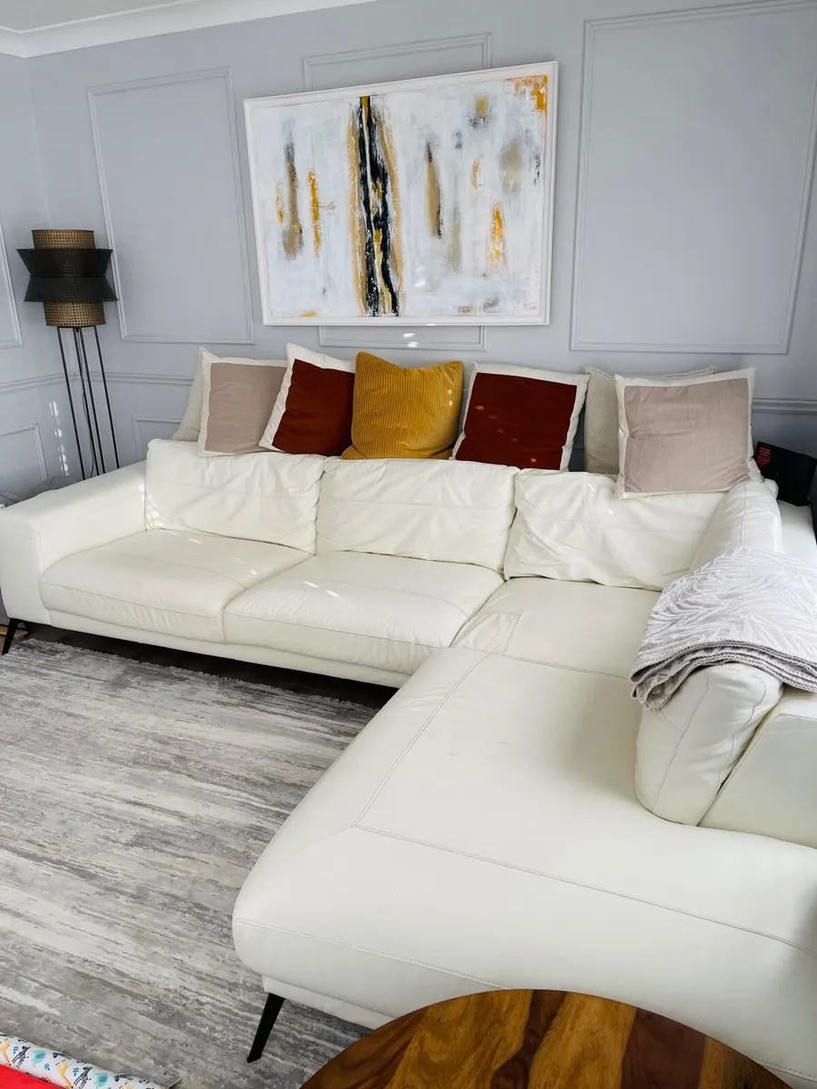 Cream Leather L Couch with Single Seater - Image 4