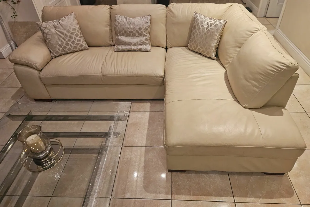Cream Leather Corner Sofa - Image 1
