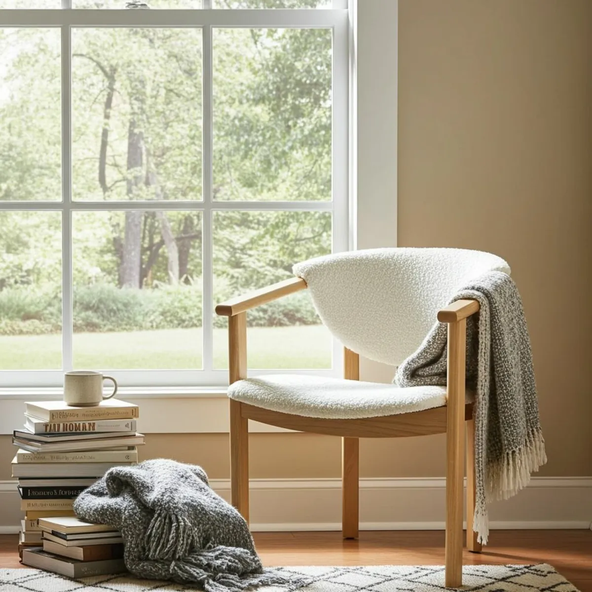 Beech Wood Upholstered Armchair Boucle Seat - Image 1