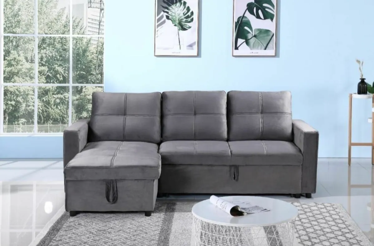 Grey velvet Corner Sofa Bed with Storage 215cm - Image 1