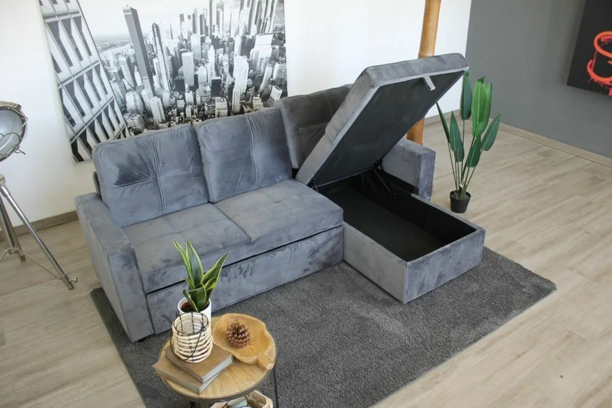 Grey velvet Corner Sofa Bed with Storage 215cm - Image 2
