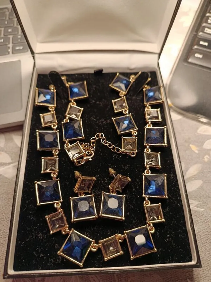 Blue stone necklace and earrings gold type chain. Good length adjustable. Never worn.