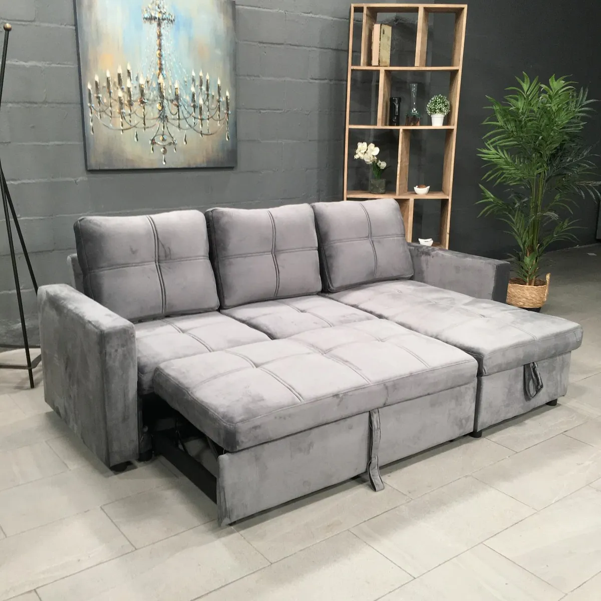 Grey velvet Corner Sofa Bed with Storage 215cm - Image 1