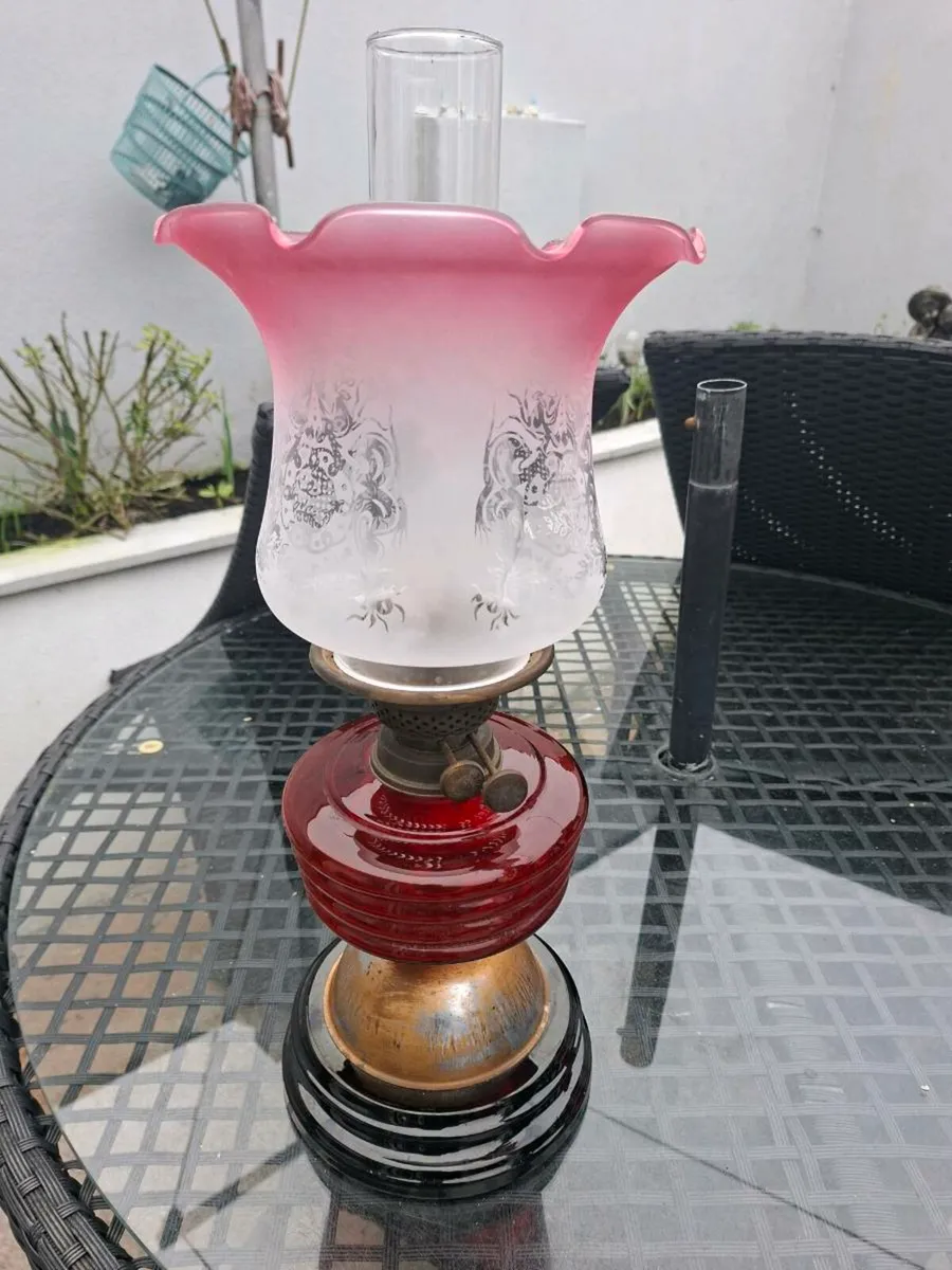 Antique Victorian British made Cranberry Oil Lamp - Image 1