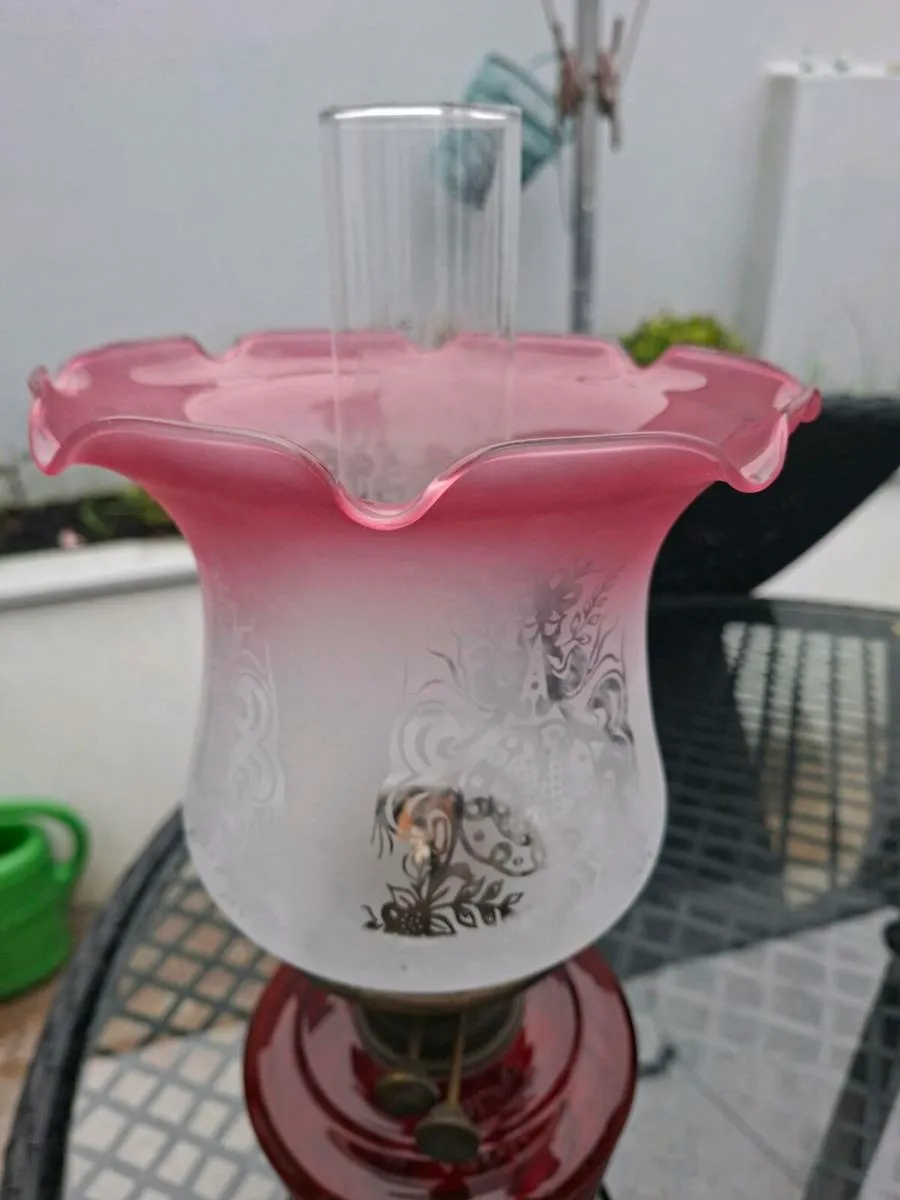 Antique Victorian British made Cranberry Oil Lamp - Image 3