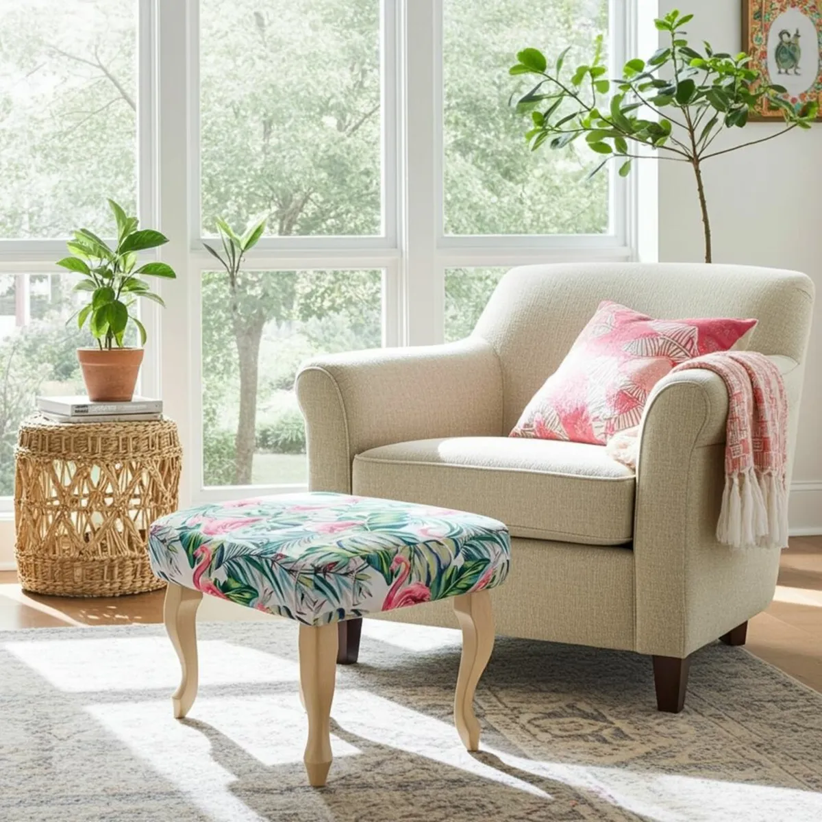 Tropical Flamingo Velvet Footstool - Image 1