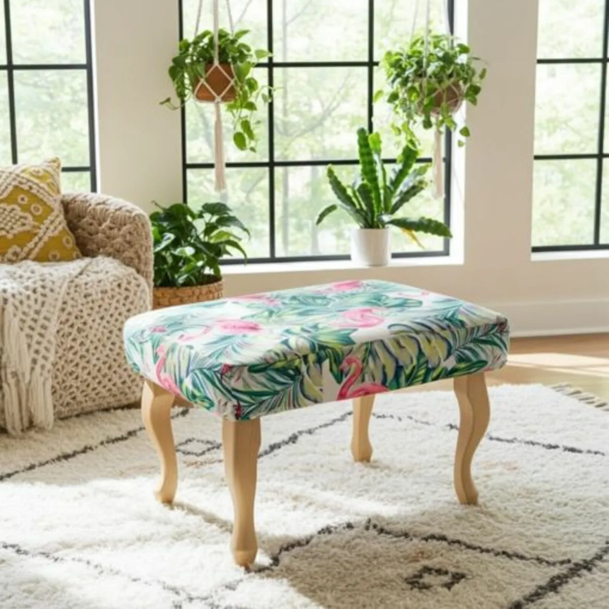 Tropical Flamingo Velvet Footstool - Image 2