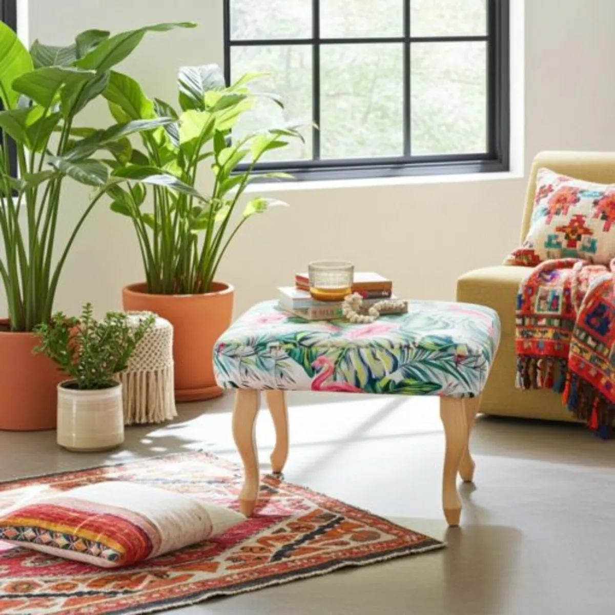 Tropical Flamingo Velvet Footstool - Image 3