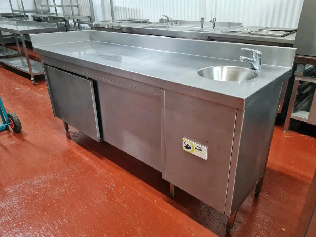 Stainless steel sinks, tables and shelf - Image 1