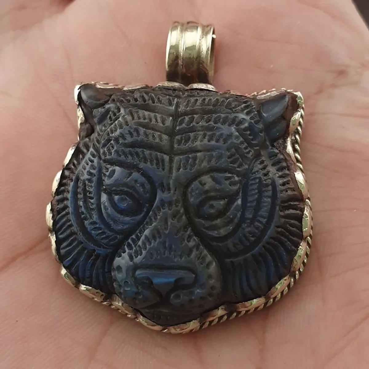 Labradorite Tiger Face Carved Stone Vintage Brass Pendant - Image 4