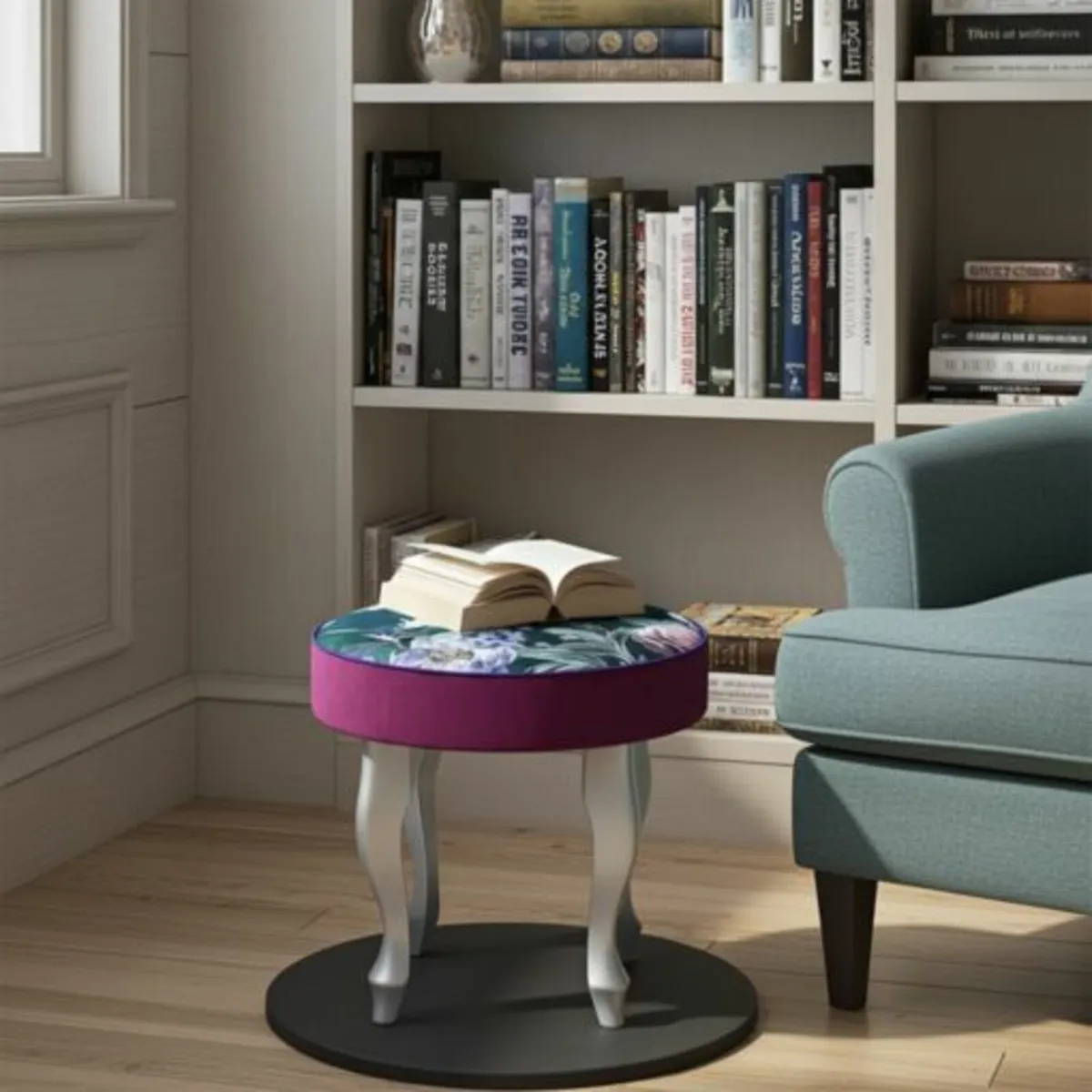 Floral Symphony Round Velvet Footstool - Image 3