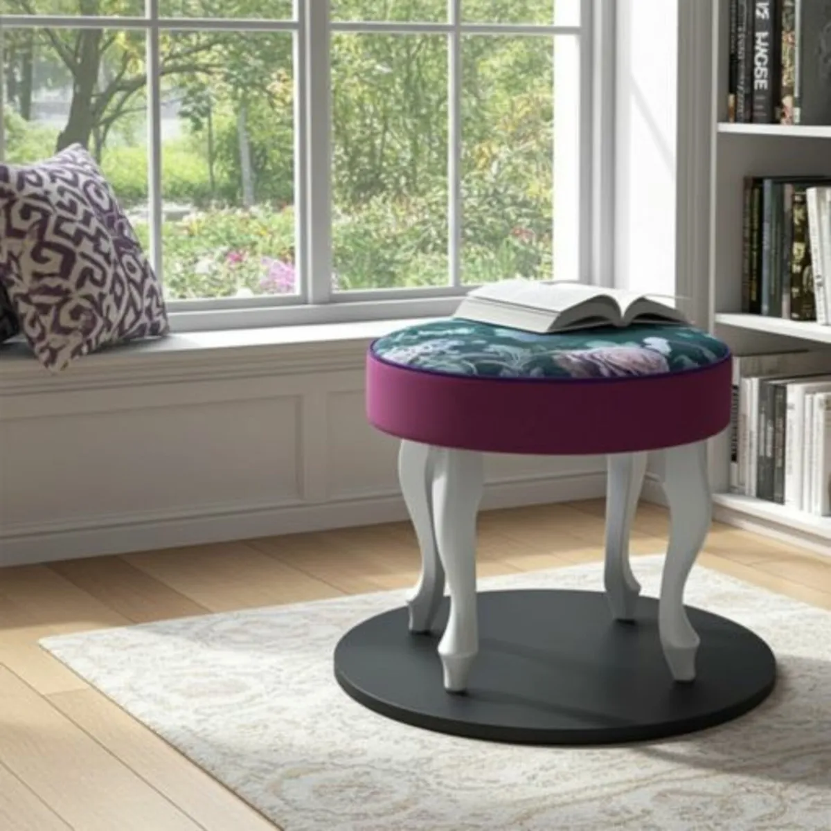 Floral Symphony Round Velvet Footstool - Image 1