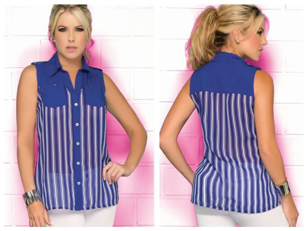 Sleeveless Striped Blouse with Sheer Panels - Image 1