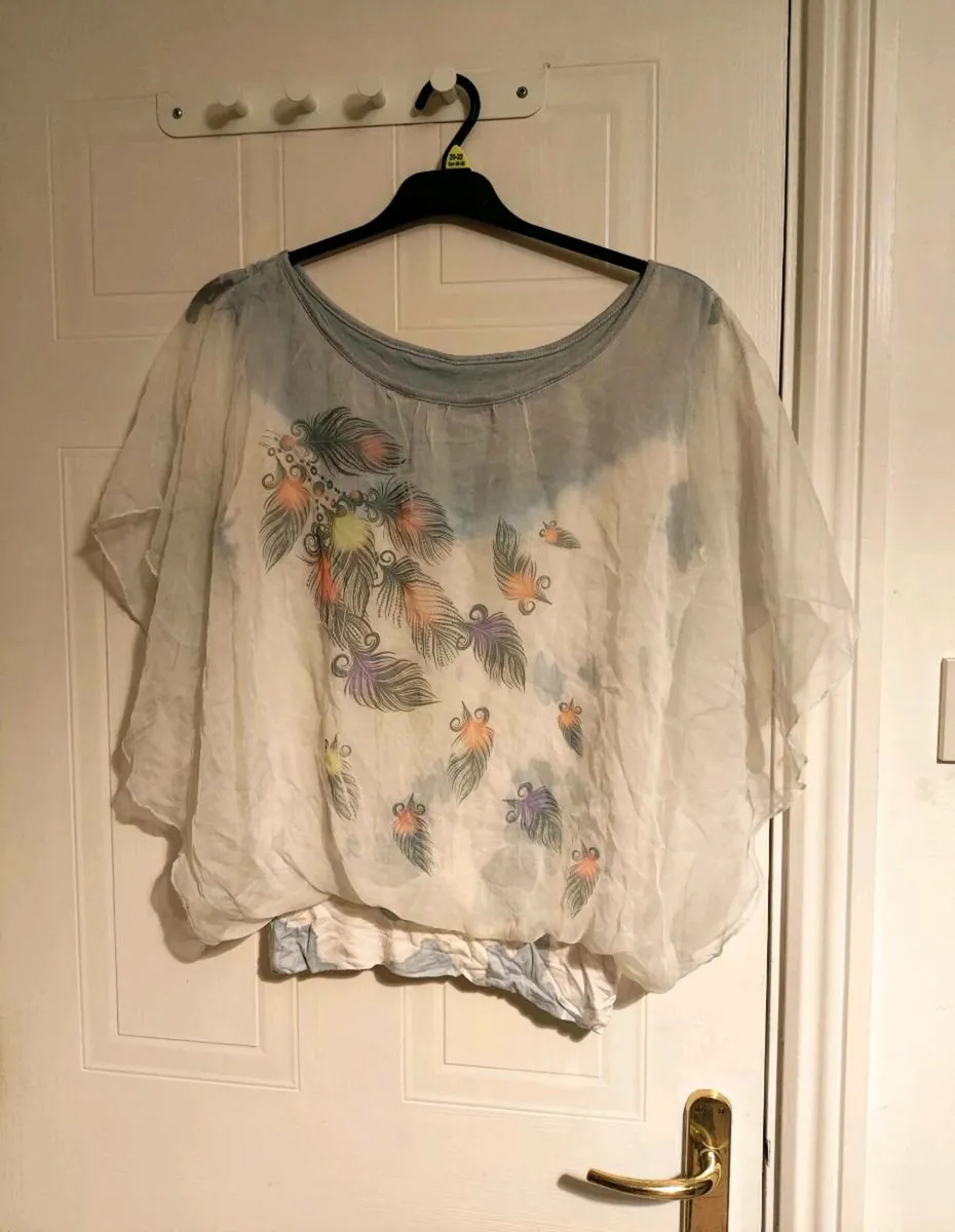 Sheer Feather-Print Batwing Blouse – Size M–L (EU - Image 1
