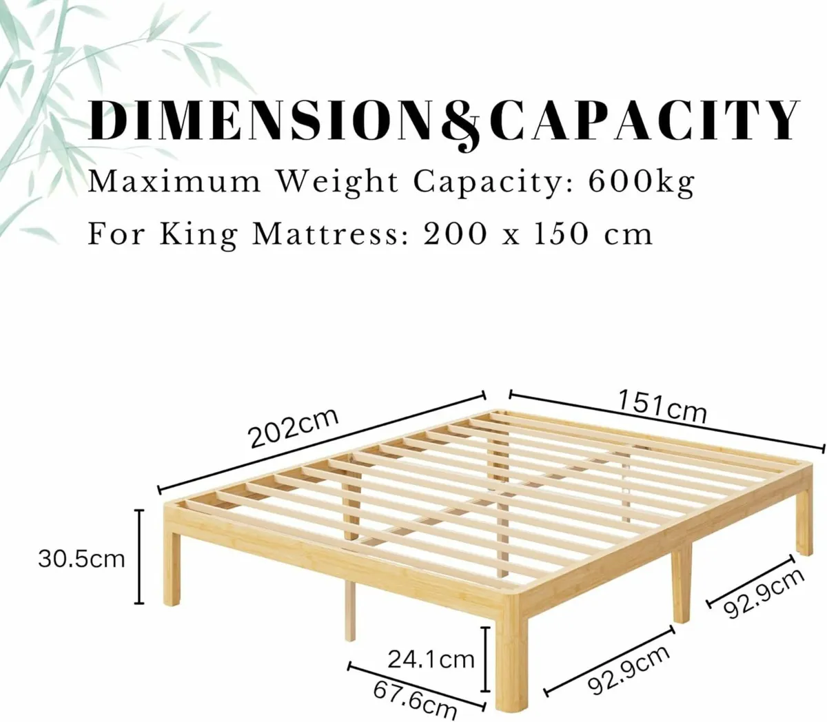 Bamboo Wood King Size Bed Frame with Metal Slats - Image 2