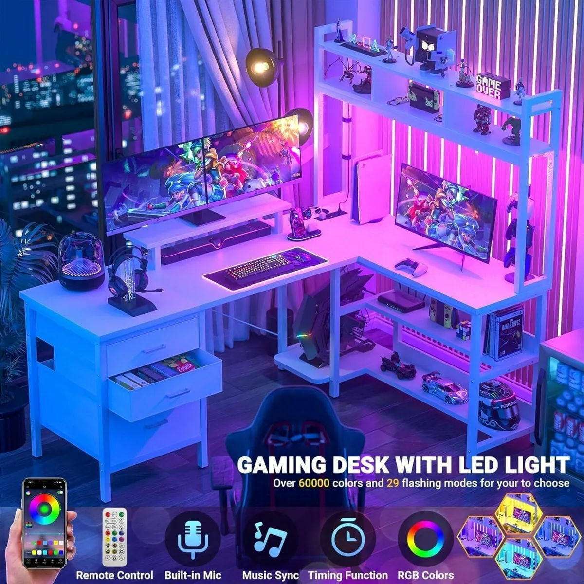 L Shaped Desk with Hutch Gaming Led Lights - Image 3