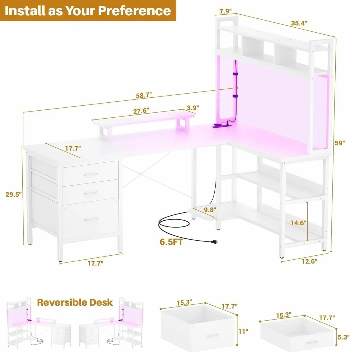 L Shaped Desk with Hutch Gaming Led Lights - Image 2