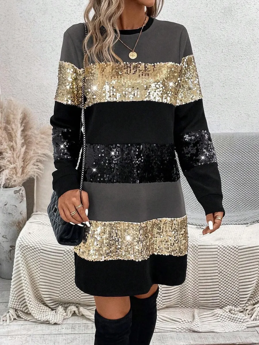 Striped Sequin Long-Sleeve Dress – SHEIN – Size S - Image 1