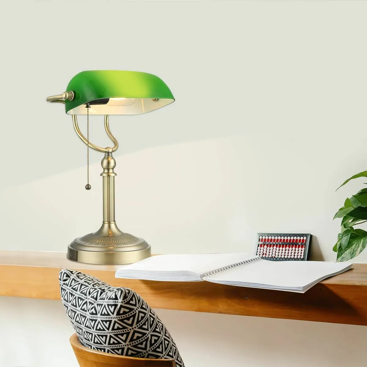 Green Glass Bankers Desk Lamp with Pull Chain - Image 3