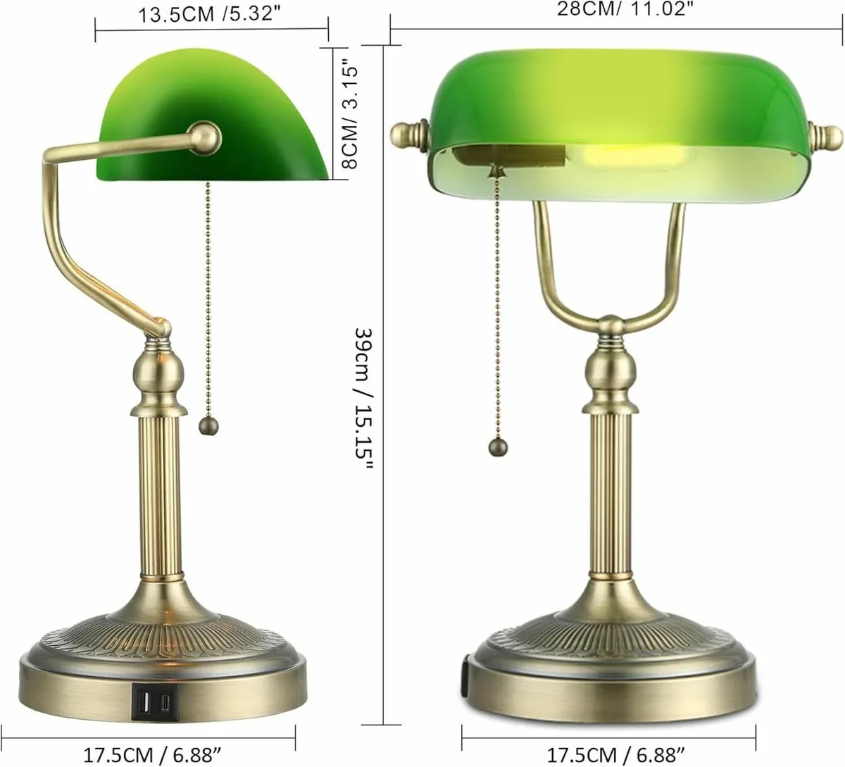 Green Glass Bankers Desk Lamp with Pull Chain - Image 4