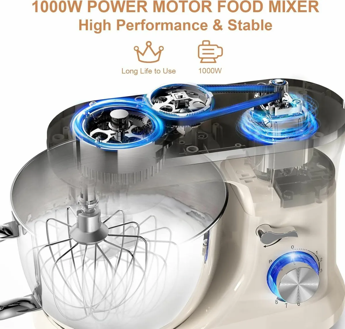 Stand Mixer 4.5L+5L Bowls 8-speed 1000W Tilt-Head - Image 2