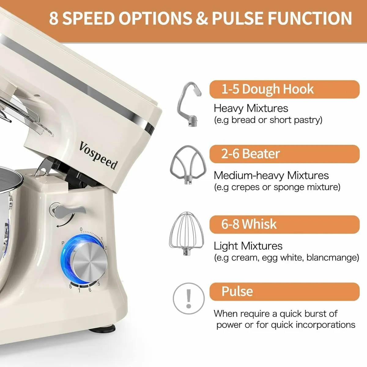 Stand Mixer 4.5L+5L Bowls 8-speed 1000W Tilt-Head - Image 3