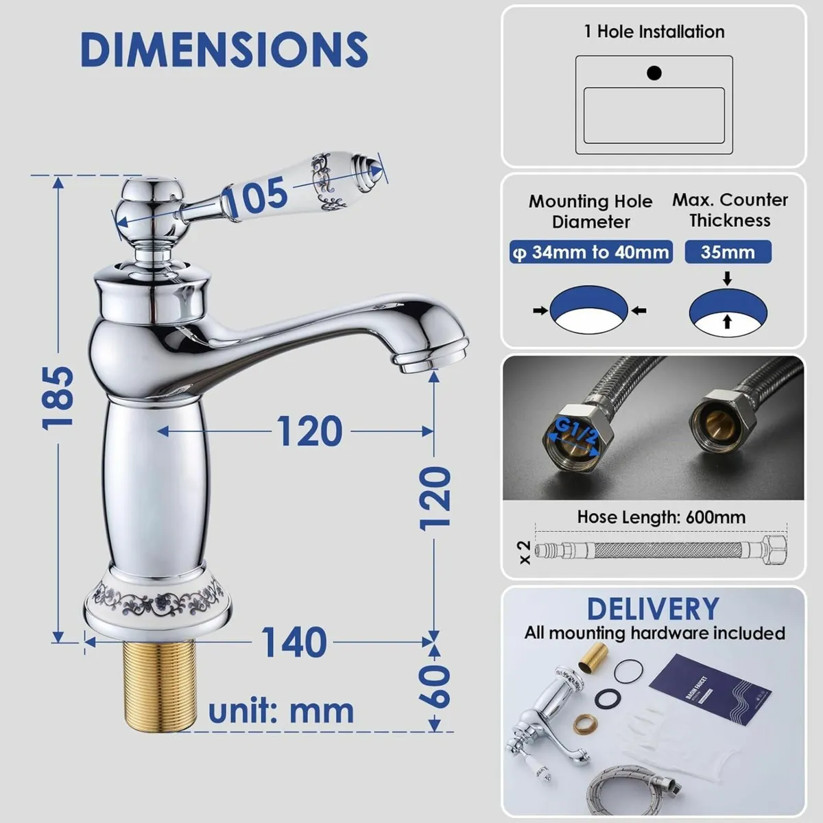 Chrome Vintage Retro Small Basin Mixer Tap for - Image 2