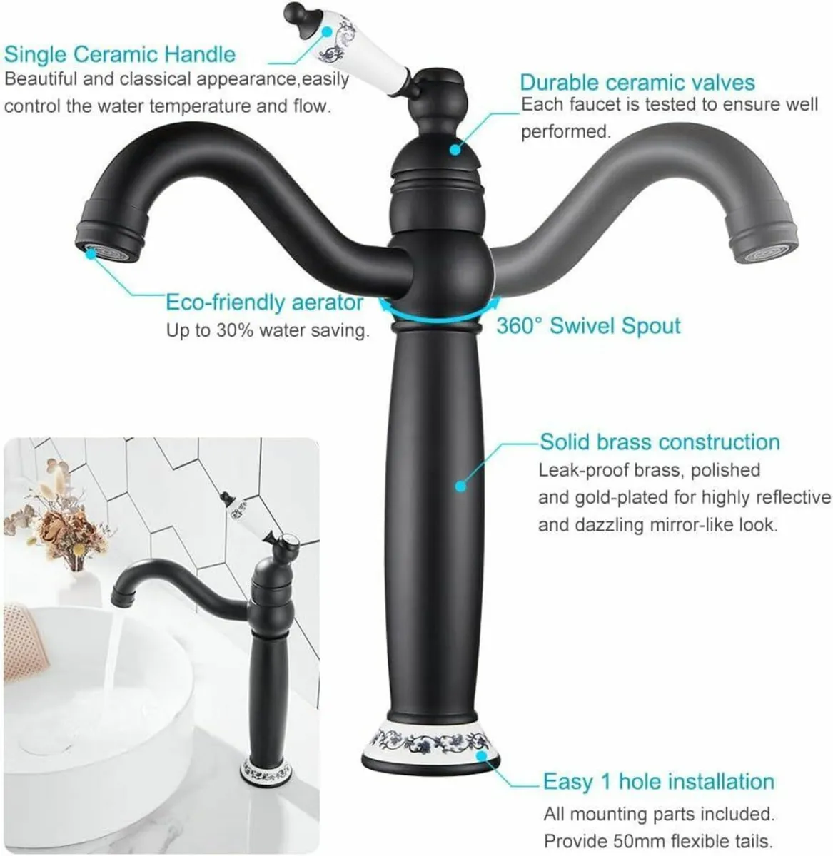 Victorian Bathroom Basin Mixer Tap Mono High Rise - Image 4