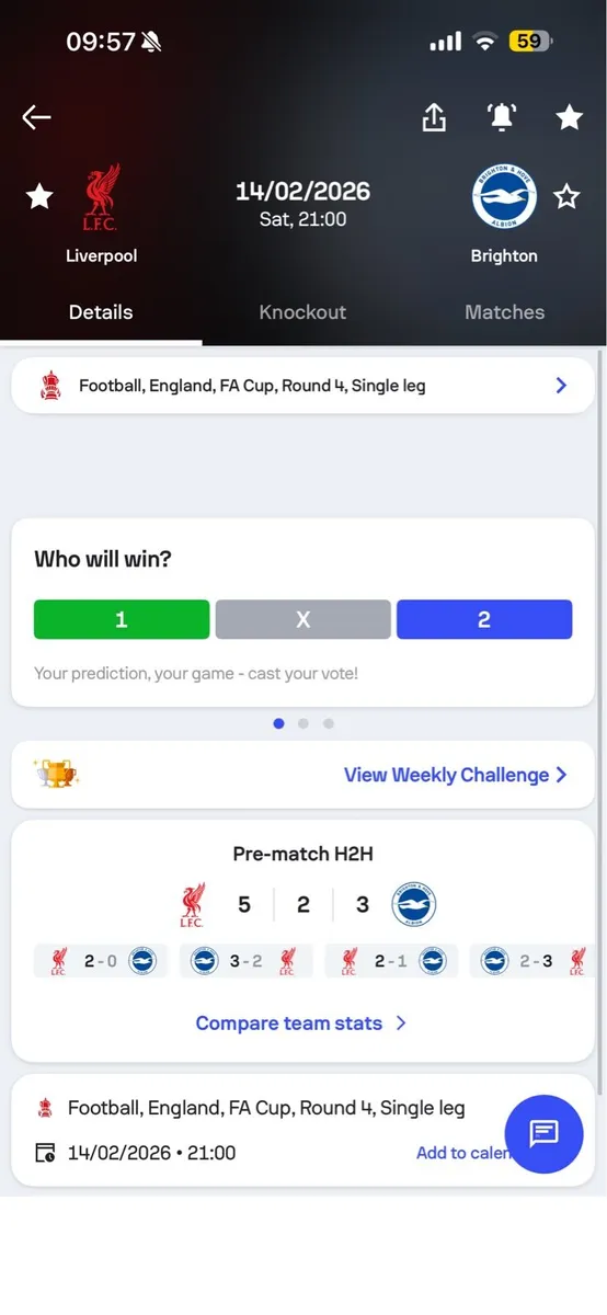 2x Liverpool v Brighton 14th Feb Brodies Lounge