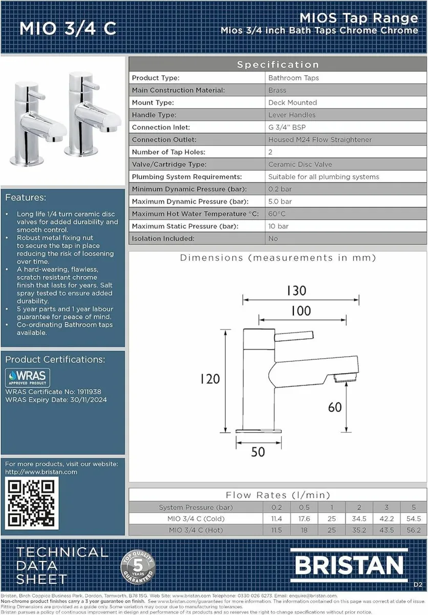 Essentials Mios Bathroom Taps 3/4 Inch Basin - Image 2