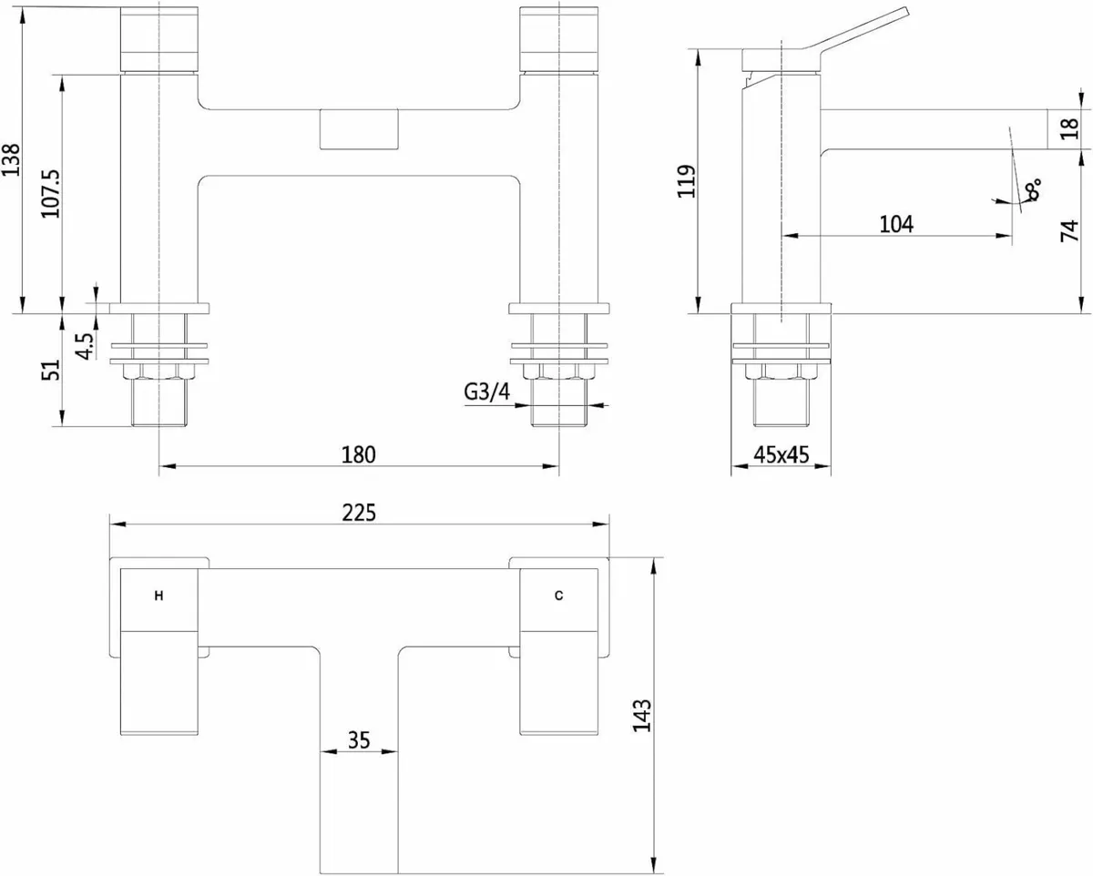 Athena BT0113 Gunmetal Grey-Black Square Bath - Image 2