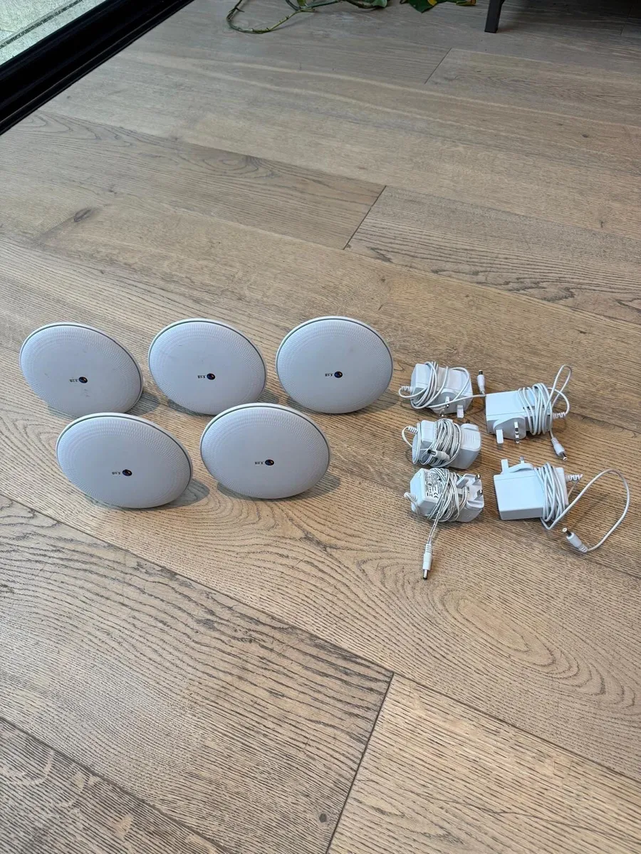 Six BT Whole Home Wi-Fi mesh discs with power adap