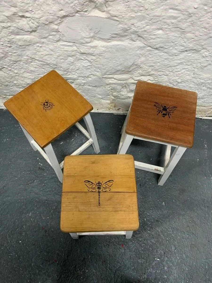 Set of three vintage wooden stools. - Image 4