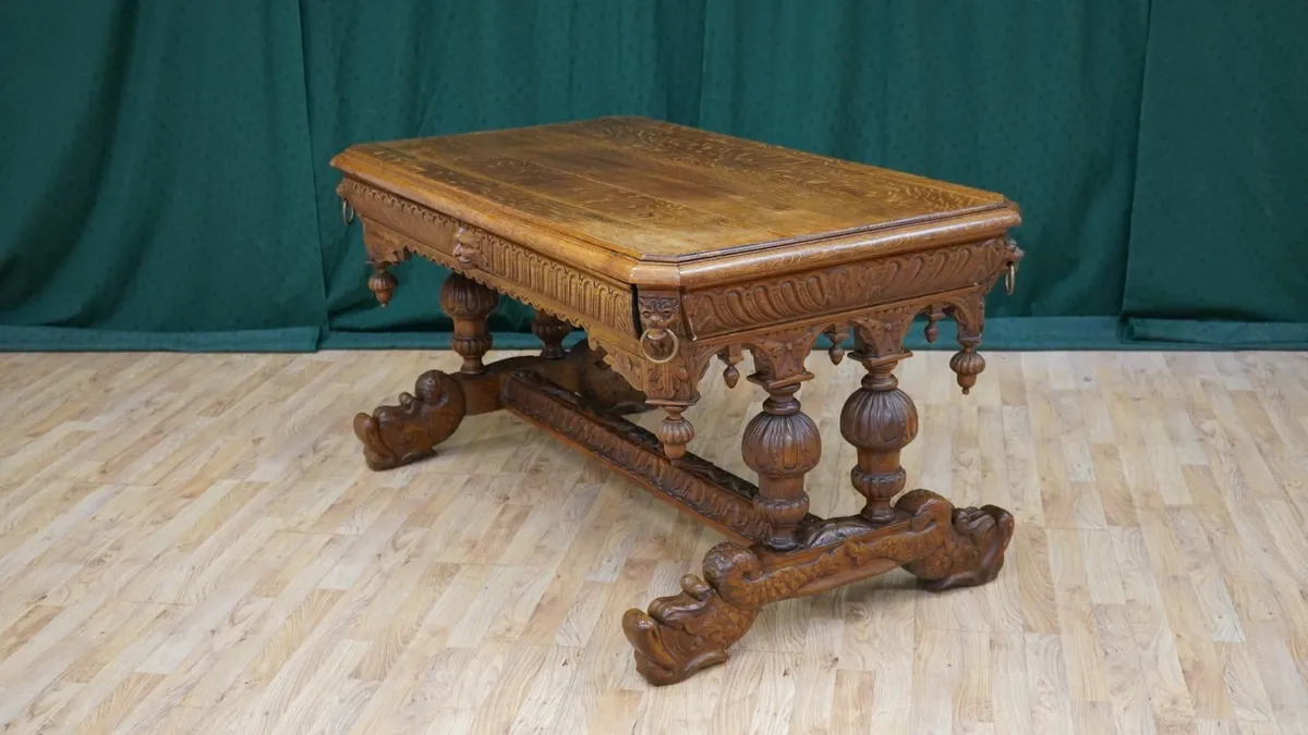 French Renaissance Revival Carved Tiger Oak Librar - Image 2