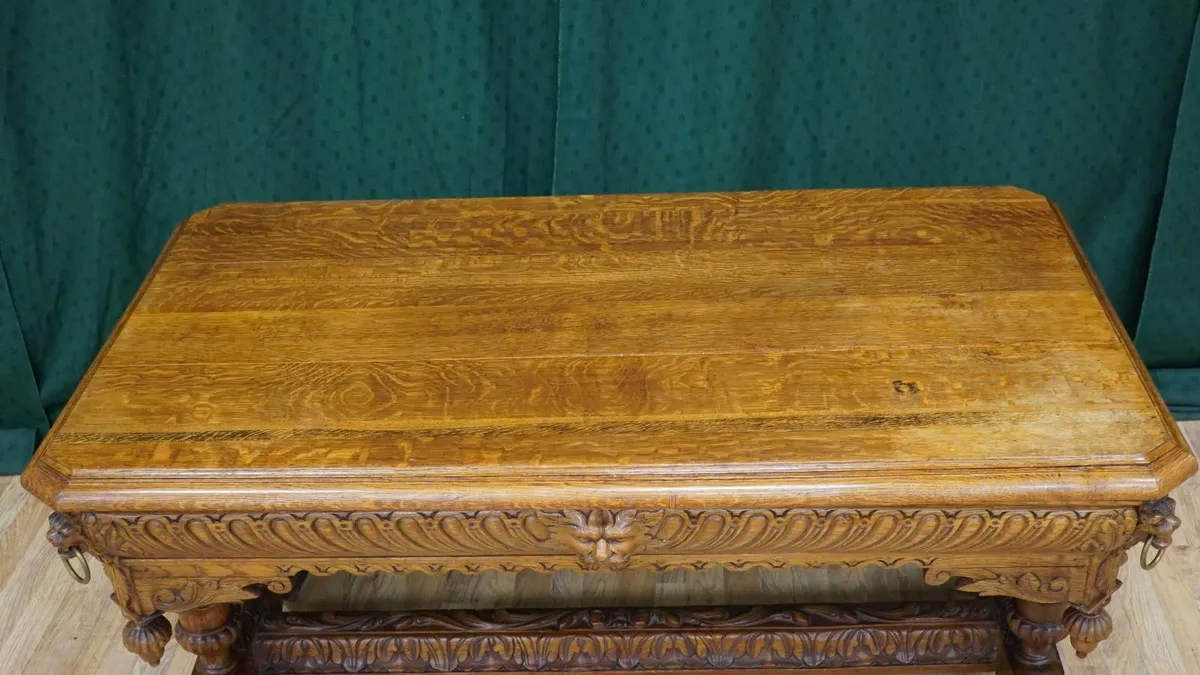 French Renaissance Revival Carved Tiger Oak Librar - Image 4