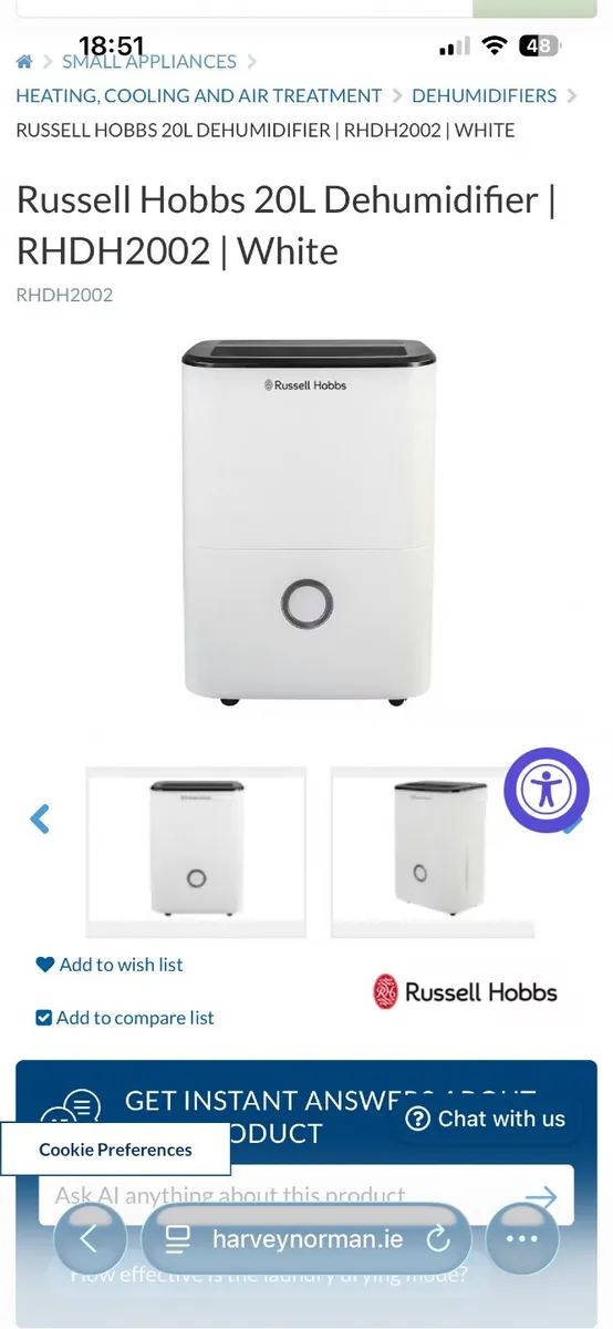 20 Litres Dehumidifier Russell Hobbs