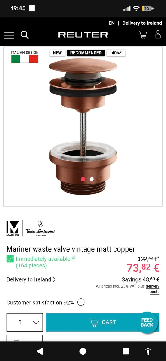 2 Brushed Copper Waste Valves- Mariner Lamborghini - Image 1