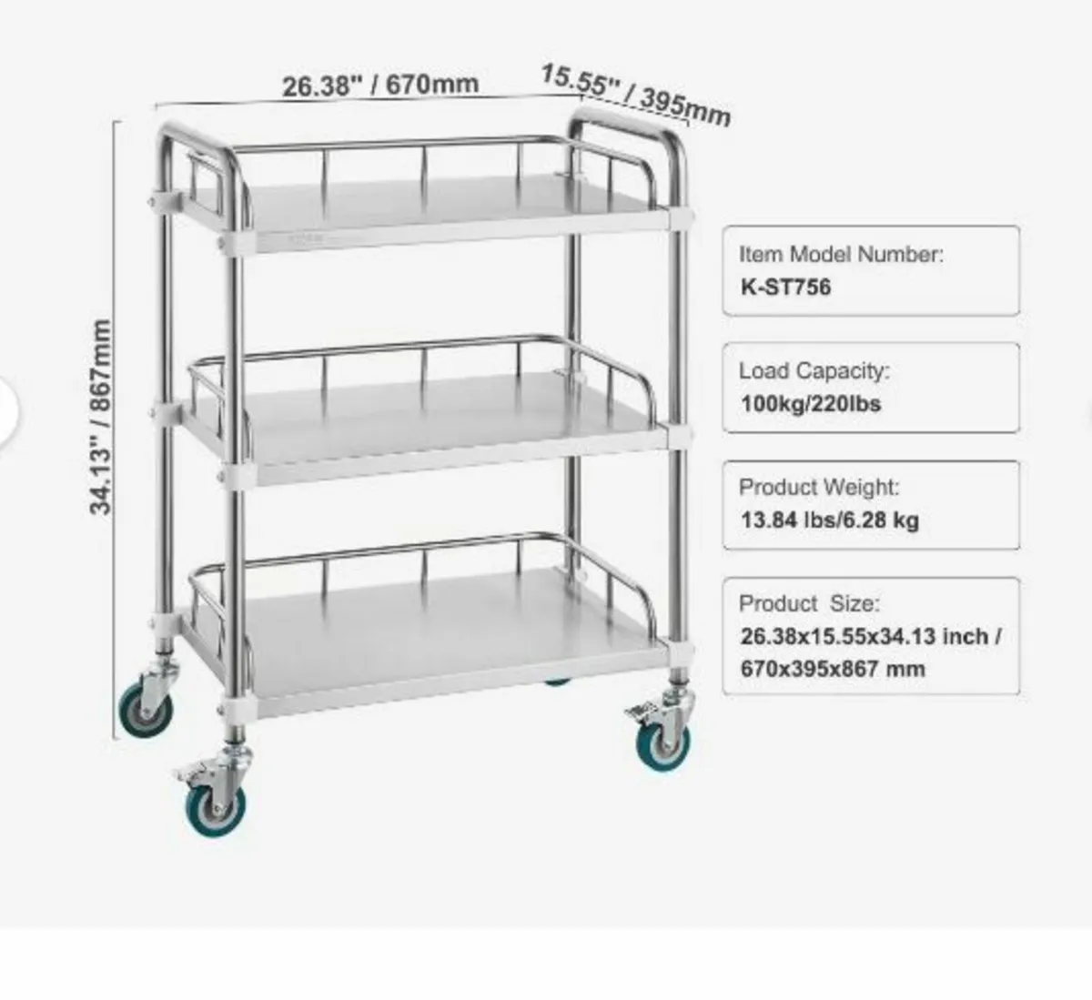 Lab Rolling Cart, 3-Shelf Stainless Steel Rolling - Image 4