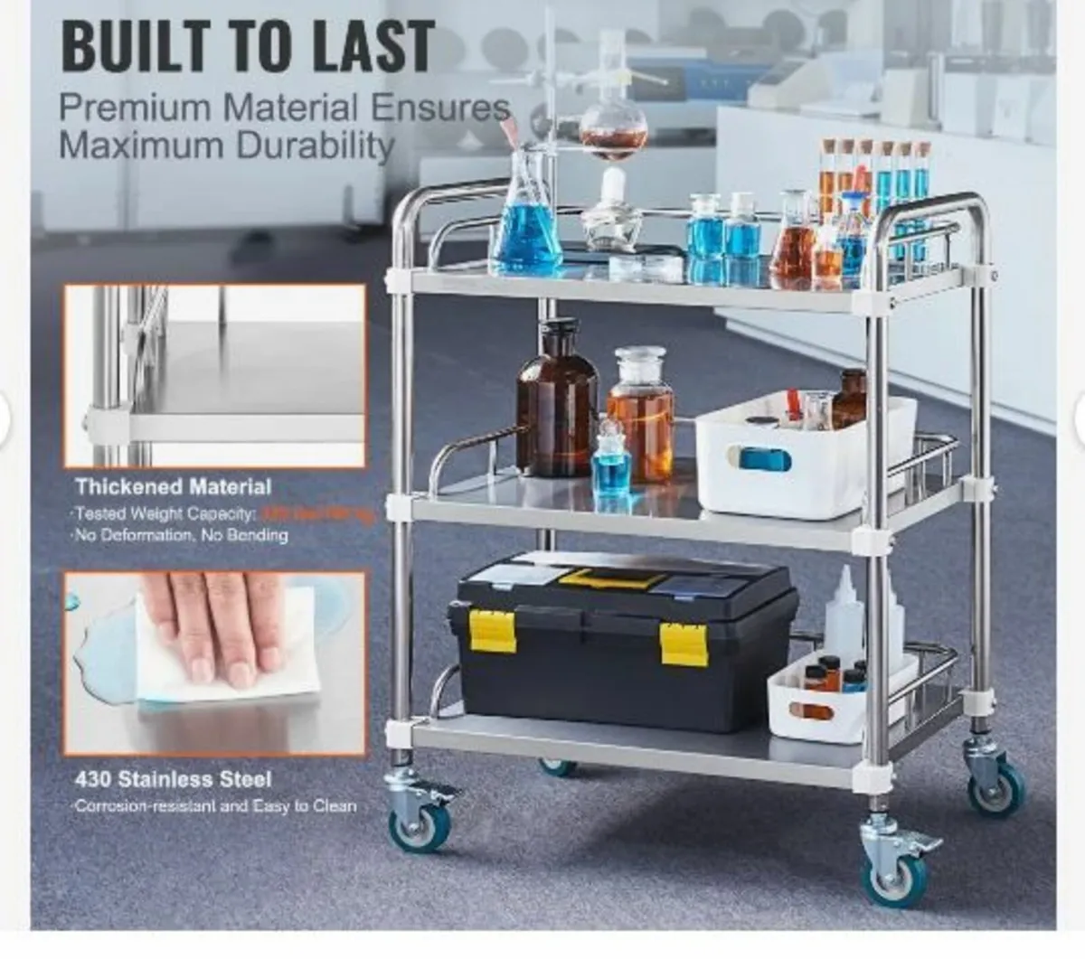 Lab Rolling Cart, 3-Shelf Stainless Steel Rolling - Image 2