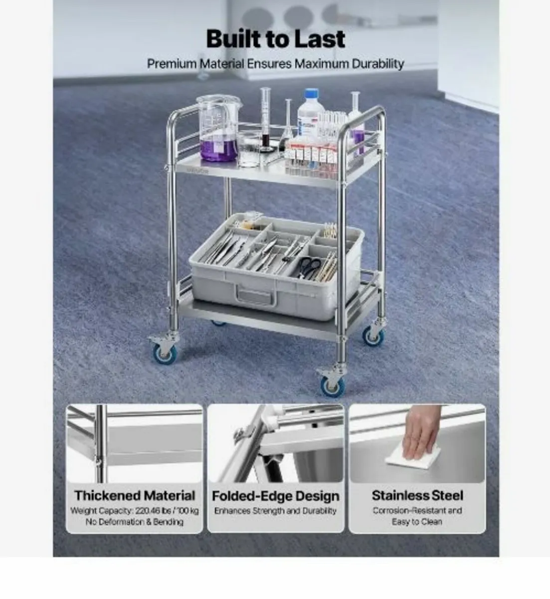 Stainless Steel Cart, 2-Tier Rolling - Image 2