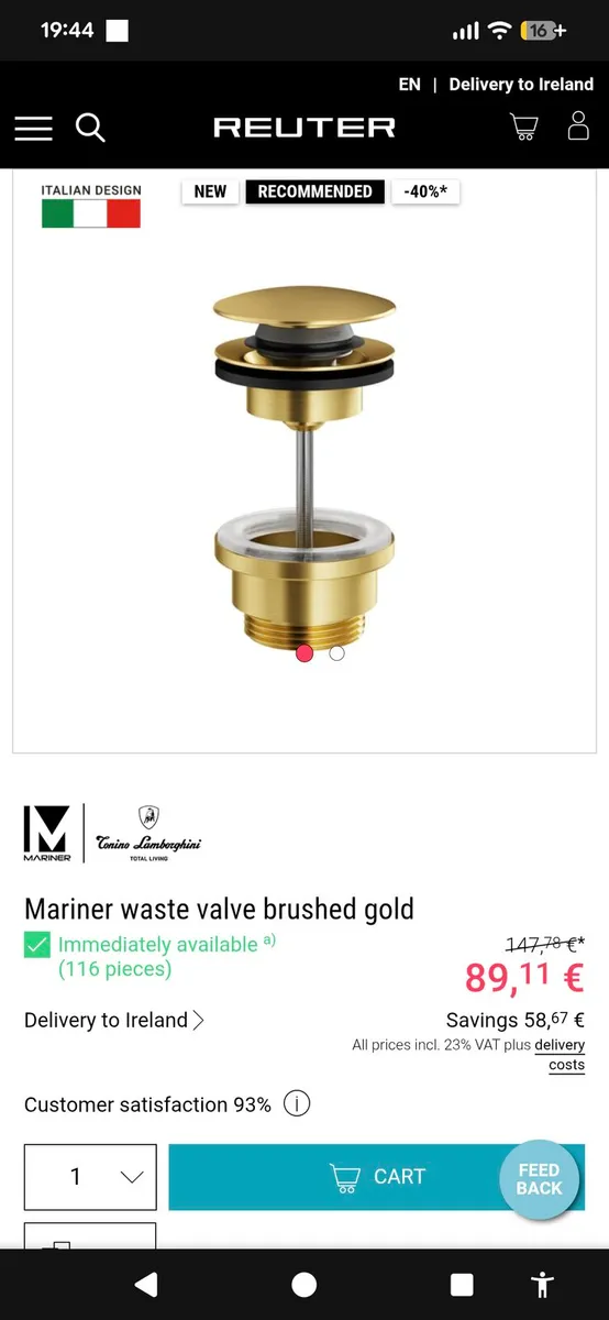 1 Brushed Brass Waste Valves- Mariner Lamborghini - Image 1