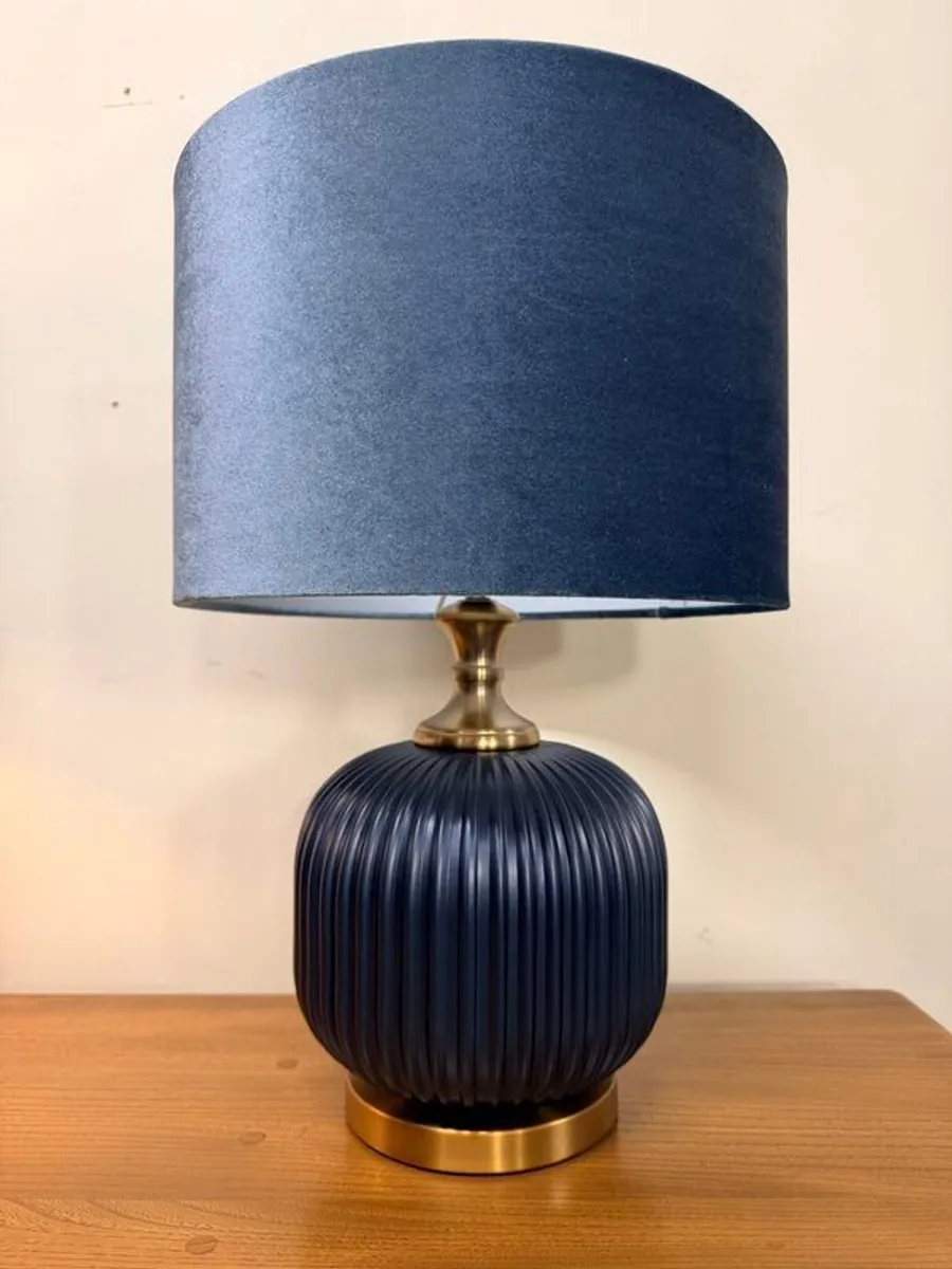 Beautiful Pair of Navy Blue Ribboned Contemporary Lamps - Image 4