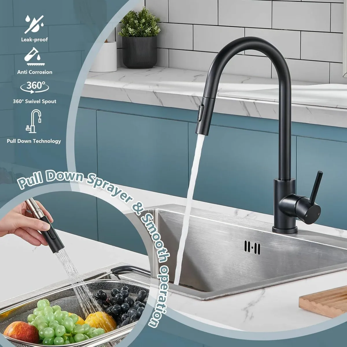 Kitchen Tap with Pull Out Spray Sink Taps 1 Hole - Image 4