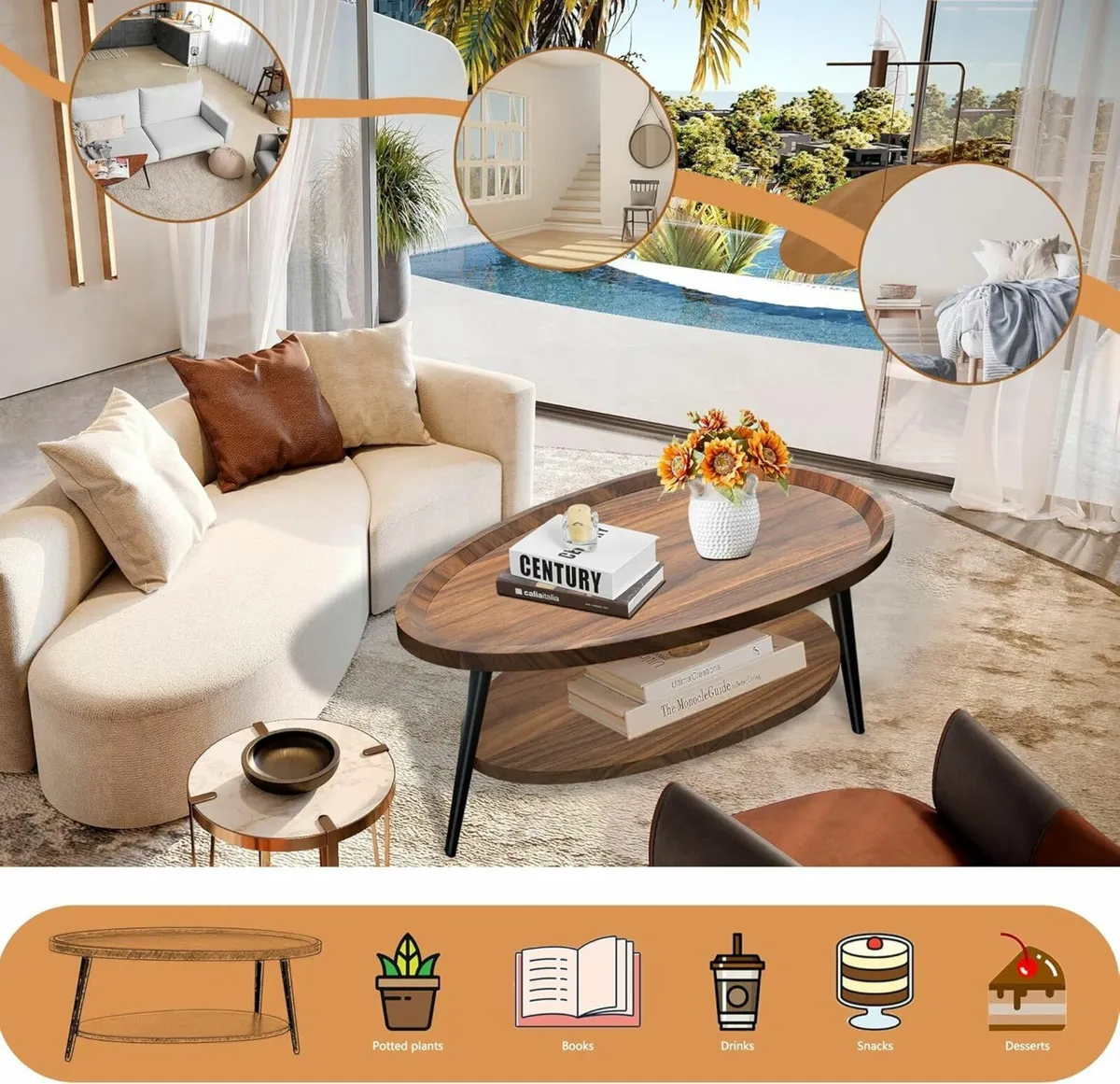 Oval Wood Coffee Table Living Room for Couch with - Image 3