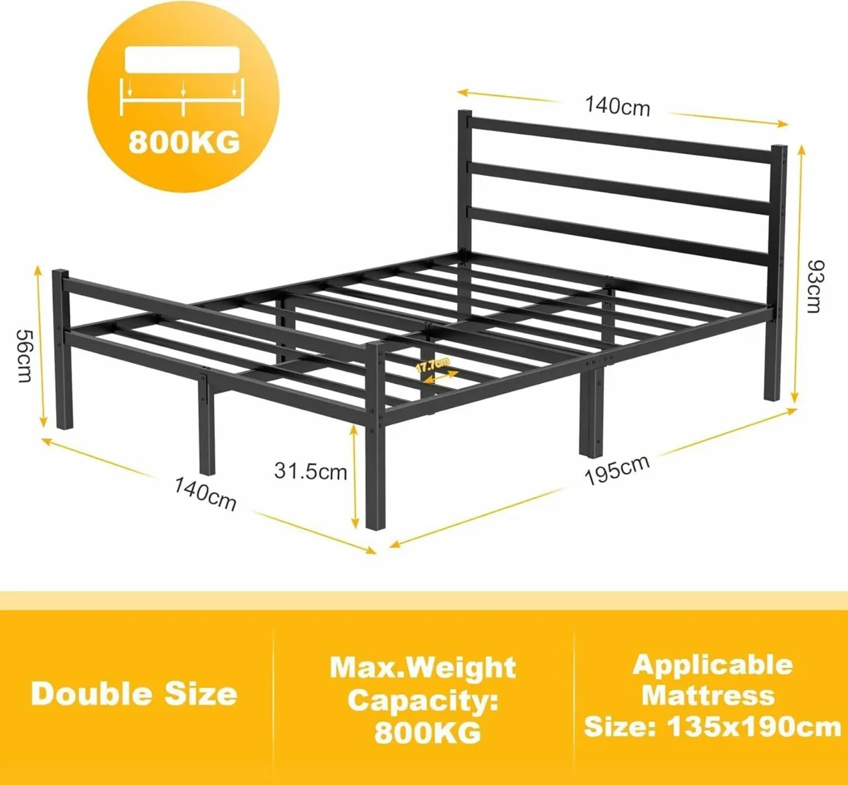 Double Bed Frames with Headboard 4ft6 Black Metal - Image 2