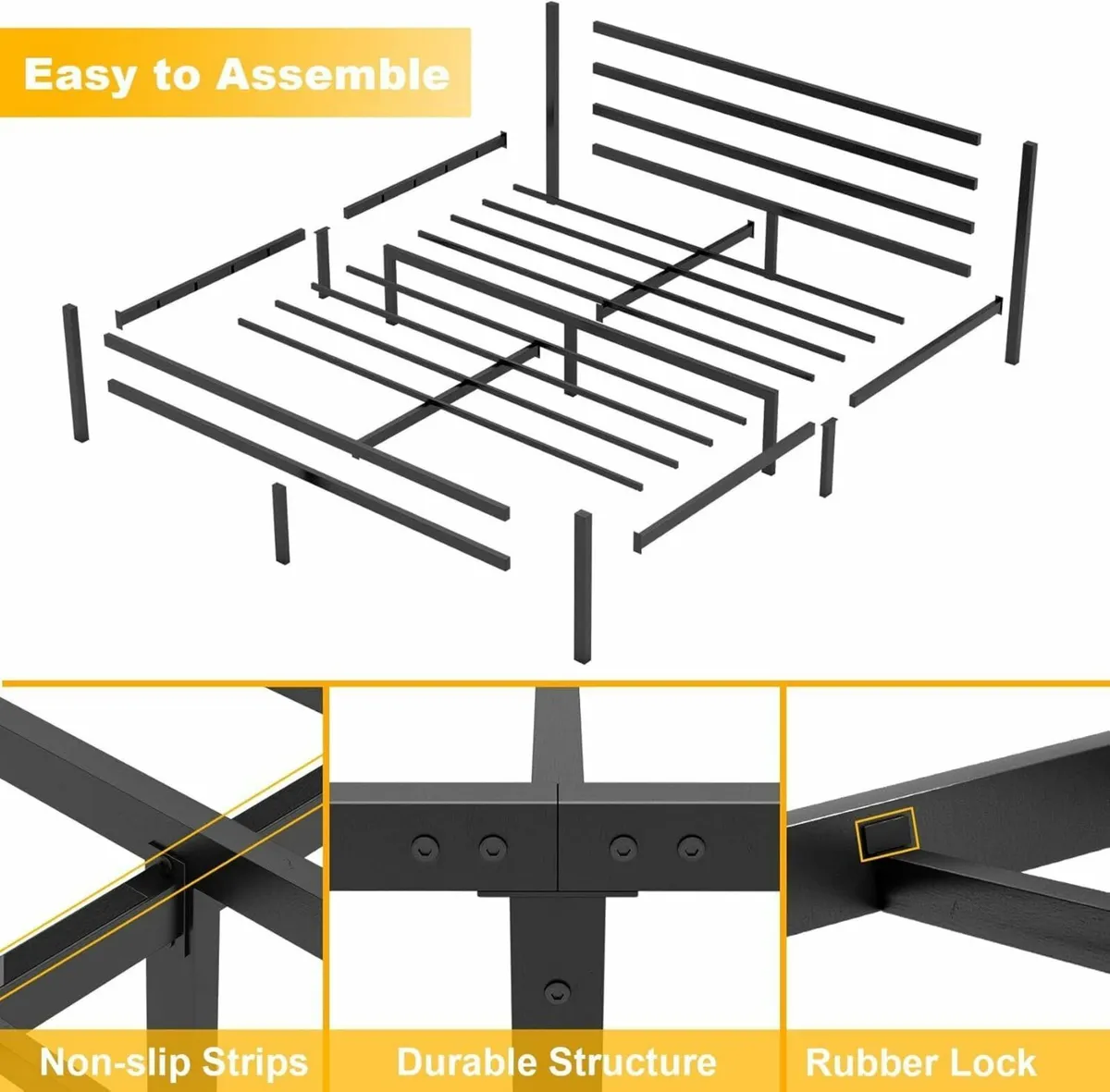 Double Bed Frames with Headboard 4ft6 Black Metal - Image 4